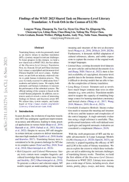 Findings of the WMT 2023 Shared Task on Discourse-Level Literary
  Translation: A Fresh Orb in the Cosmos of LLMs