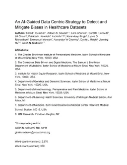 An AI-Guided Data Centric Strategy to Detect and Mitigate Biases in
  Healthcare Datasets