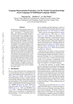 Language Representation Projection: Can We Transfer Factual Knowledge
  across Languages in Multilingual Language Models?