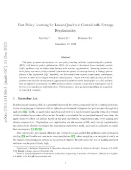 Fast Policy Learning for Linear Quadratic Control with Entropy Regularization