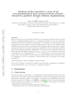 Analysis of the expected $L_2$ error of an over-parametrized deep neural
  network estimate learned by gradient descent without regularization