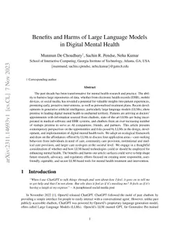 Benefits and Harms of Large Language Models in Digital Mental Health