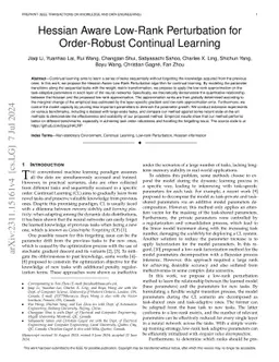 Hessian Aware Low-Rank Perturbation for Order-Robust Continual Learning