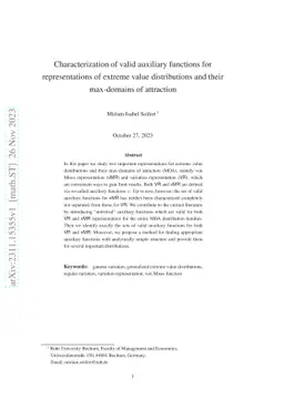 Characterization of valid auxiliary functions for representations of
  extreme value distributions and their max-domains of attraction