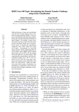 BERT Goes Off-Topic: Investigating the Domain Transfer Challenge using
  Genre Classification