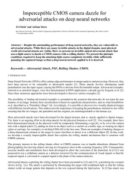 Imperceptible CMOS camera dazzle for adversarial attacks on deep neural
  networks