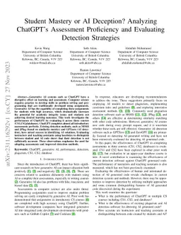 Student Mastery or AI Deception? Analyzing ChatGPT's Assessment
  Proficiency and Evaluating Detection Strategies