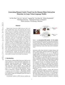 Generating Human-Centric Visual Cues for Human-Object Interaction
  Detection via Large Vision-Language Models