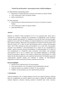 Finnish 5th and 6th graders' misconceptions about Artificial
  Intelligence