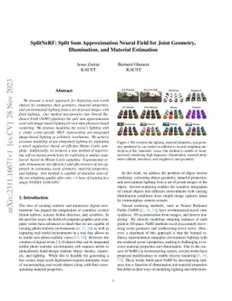 SplitNeRF: Split Sum Approximation Neural Field for Joint Geometry,
  Illumination, and Material Estimation