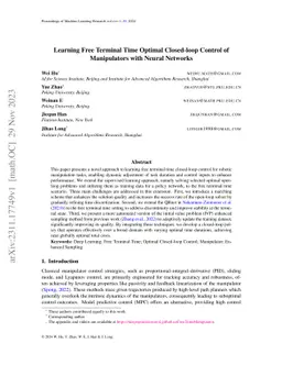 Learning Free Terminal Time Optimal Closed-loop Control of Manipulators