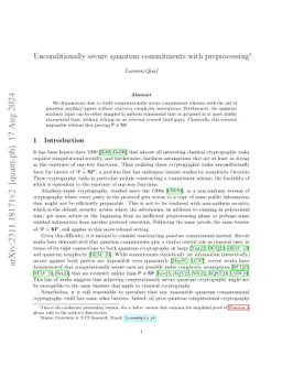 Unconditionally secure quantum commitments with preprocessing