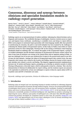 Consensus, dissensus and synergy between clinicians and specialist
  foundation models in radiology report generation