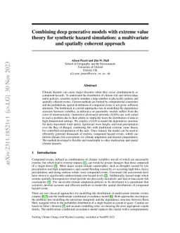 Combining deep generative models with extreme value theory for synthetic
  hazard simulation: a multivariate and spatially coherent approach
