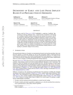 Dichotomy of Early and Late Phase Implicit Biases Can Provably Induce
  Grokking