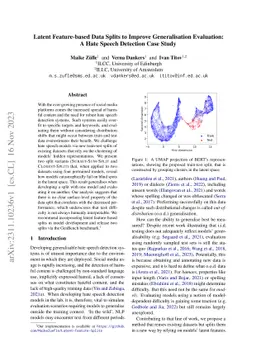 Latent Feature-based Data Splits to Improve Generalisation Evaluation: A
  Hate Speech Detection Case Study
