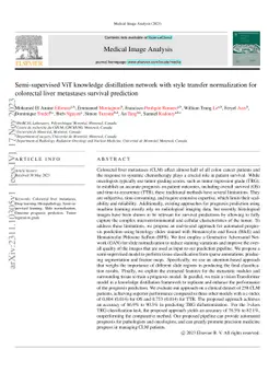 Semi-supervised ViT knowledge distillation network with style transfer
  normalization for colorectal liver metastases survival prediction