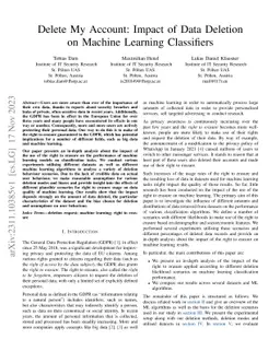 Delete My Account: Impact of Data Deletion on Machine Learning
  Classifiers