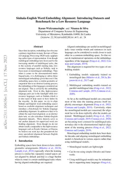 Sinhala-English Word Embedding Alignment: Introducing Datasets and
  Benchmark for a Low Resource Language
