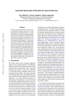 Automatic Restoration of Diacritics for Speech Data Sets