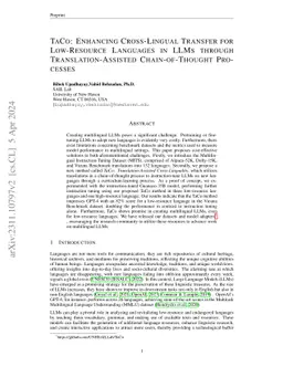 TaCo: Enhancing Cross-Lingual Transfer for Low-Resource Languages in
  LLMs through Translation-Assisted Chain-of-Thought Processes