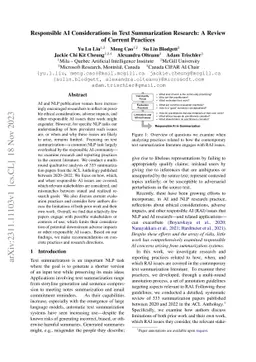 Responsible AI Considerations in Text Summarization Research: A Review
  of Current Practices