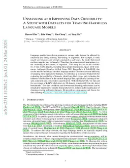 Unmasking and Improving Data Credibility: A Study with Datasets for
  Training Harmless Language Models