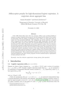 Jeffreys-prior penalty for high-dimensional logistic regression: A
  conjecture about aggregate bias