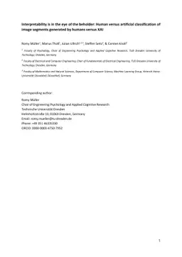 Interpretability is in the eye of the beholder: Human versus artificial
  classification of image segments generated by humans versus XAI