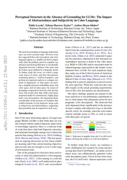 Perceptual Structure in the Absence of Grounding for LLMs: The Impact of
  Abstractedness and Subjectivity in Color Language