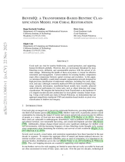 BenthIQ: a Transformer-Based Benthic Classification Model for Coral
  Restoration