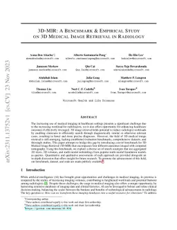 3D-MIR: A Benchmark and Empirical Study on 3D Medical Image Retrieval in
  Radiology