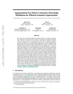 Augmentation-Free Dense Contrastive Knowledge Distillation for Efficient
  Semantic Segmentation