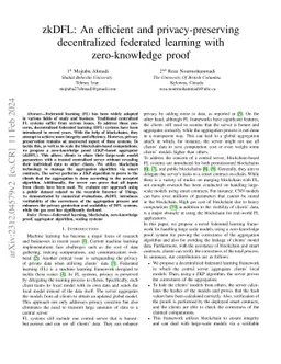 zkDFL: An efficient and privacy-preserving decentralized federated
  learning with zero-knowledge proof