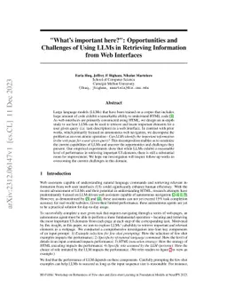 "What's important here?": Opportunities and Challenges of Using LLMs in
  Retrieving Information from Web Interfaces