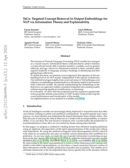 TaCo: Targeted Concept Removal in Output Embeddings for NLP via
  Information Theory and Explainability