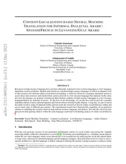 Content-Localization based Neural Machine Translation for Informal
  Dialectal Arabic: Spanish/French to Levantine/Gulf Arabic