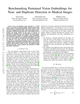 Benchmarking Pretrained Vision Embeddings for Near- and Duplicate
  Detection in Medical Images