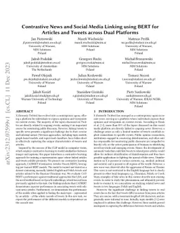 Contrastive News and Social Media Linking using BERT for Articles and
  Tweets across Dual Platforms