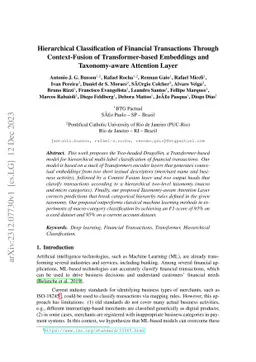 Hierarchical Classification of Financial Transactions Through
  Context-Fusion of Transformer-based Embeddings and Taxonomy-aware Attention
  Layer