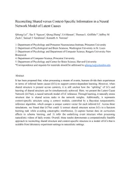 Reconciling Shared versus Context-Specific Information in a Neural
  Network Model of Latent Causes