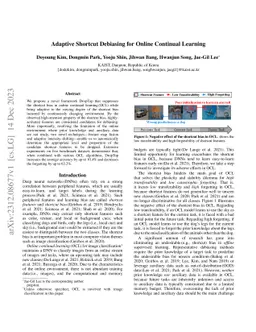 Adaptive Shortcut Debiasing for Online Continual Learning