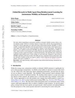 Global Rewards in Multi-Agent Deep Reinforcement Learning for Autonomous
  Mobility on Demand Systems