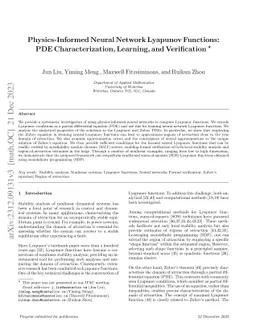 Physics-Informed Neural Network Lyapunov Functions: PDE Characterization, Learning, and Verification