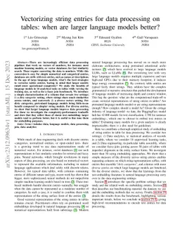 Vectorizing string entries for data processing on tables: when are
  larger language models better?