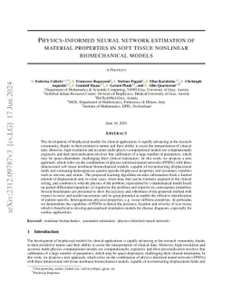 Physics-informed Neural Network Estimation of Material Properties in
  Soft Tissue Nonlinear Biomechanical Models