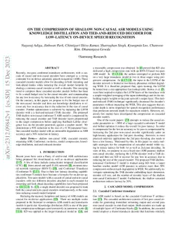 On the compression of shallow non-causal ASR models using knowledge
  distillation and tied-and-reduced decoder for low-latency on-device speech
  recognition