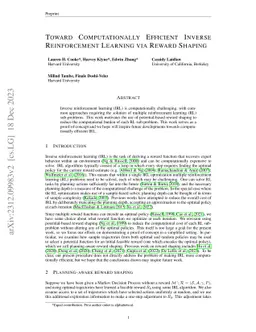 Toward Computationally Efficient Inverse Reinforcement Learning via
  Reward Shaping