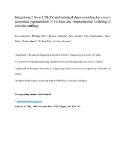 Integration of Swin UNETR and statistical shape modeling for a
  semi-automated segmentation of the knee and biomechanical modeling of
  articular cartilage