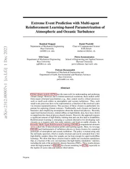 Extreme Event Prediction with Multi-agent Reinforcement Learning-based
  Parametrization of Atmospheric and Oceanic Turbulence